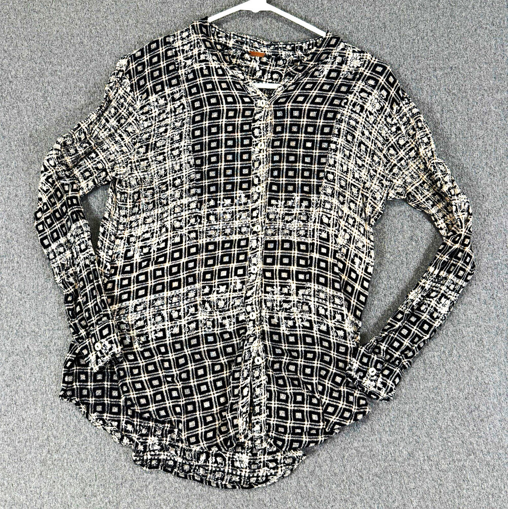 Free People Womens Small Black Cream Geometric Print Button Front Blouse Top